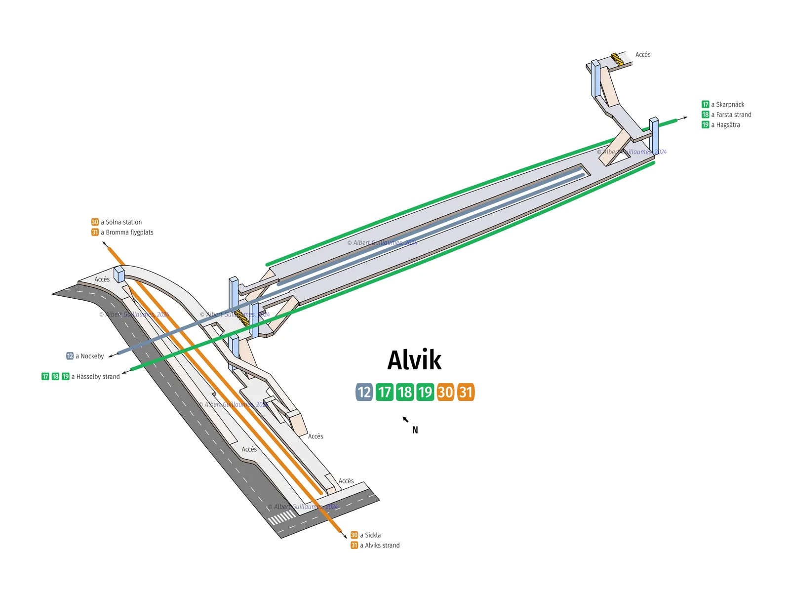 Alvik – interaktiv stationskarta med uppgångar